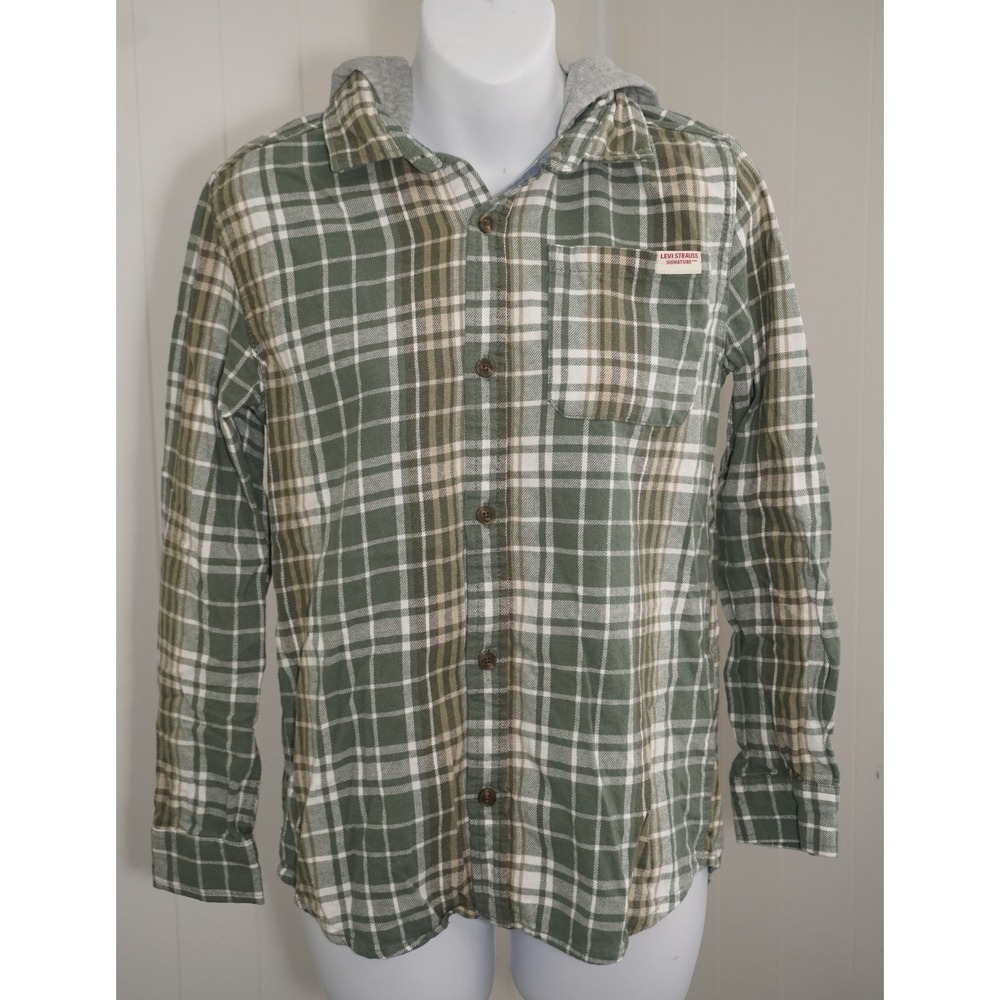 Levi Strauss Signature 14/16 Green Plaid Hooded Flannel Shirt